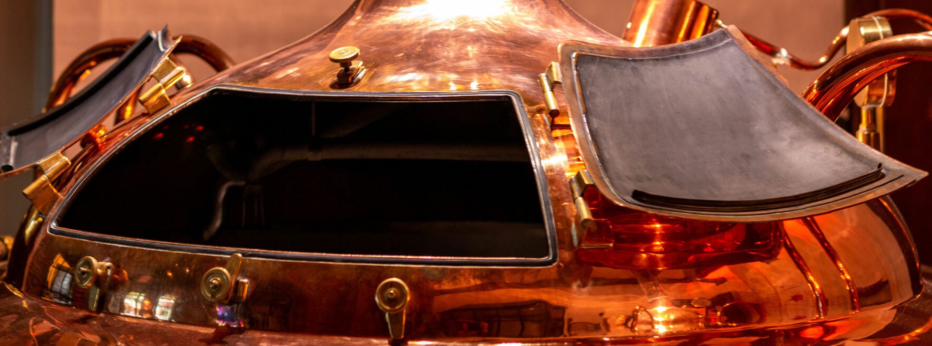 Ein kupferfarbenes Musikinstrument mit glänzender Oberfläche und schwarzen Details.